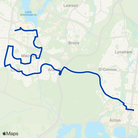 ACTION Belconnen to City via Jamison & Aranda map