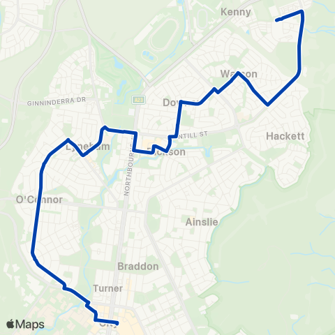 ACTION Watson to City via Dickson & Lyneham map