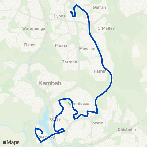 ACTION Tuggeranong to Woden via Oxley & Erindale map