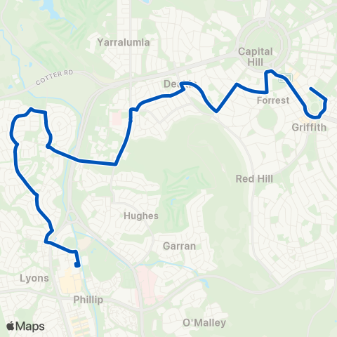 ACT School routes Telopea & Forrest PS Woden via Deakin Curtin map