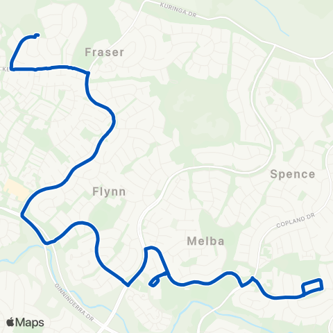 ACT School routes Miles Franklin to Fraser via St Monicas & Melba HS map