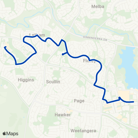 ACTION Kippax to Belconnen via Latham & Florey map