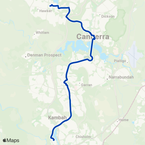 ACTION Belconnen to Tuggeranong via City & Woden map