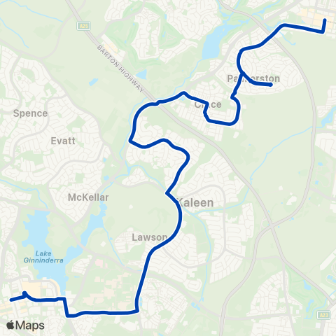 ACTION Gungahlin to Belconnen via Crace & Giralang map