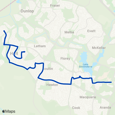 ACTION Kippax to Belconnen via W Macgregor & Higgins map