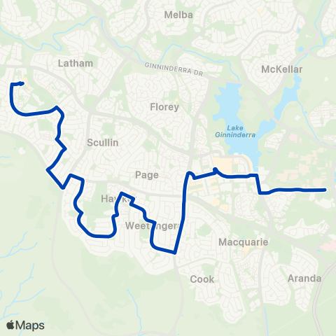 ACTION Kippax to Belconnen via Hawker & Weetangera map