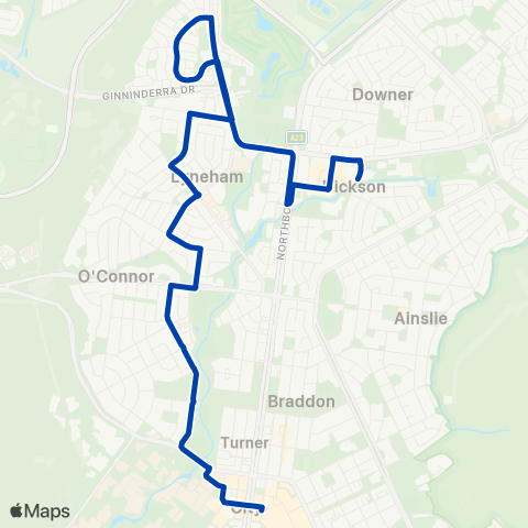 ACTION Dickson to City via N Lyneham & O'Connor map