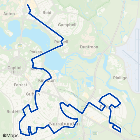 ACTION Fyshwick to City via Red Hill & Kingston map