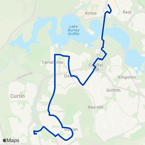 ACTION Woden to City via Hughes & Yarralumla map