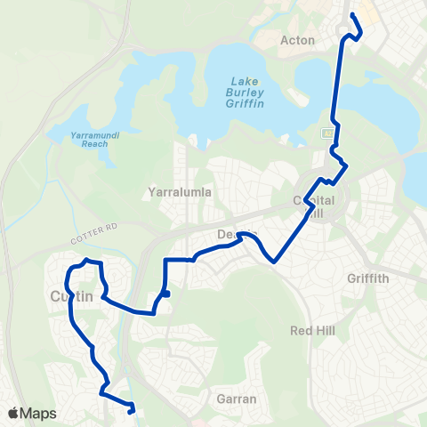 ACTION Woden to City via Curtin & Deakin map