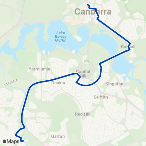 ACTION Woden to City ANU via Barton & Russell map