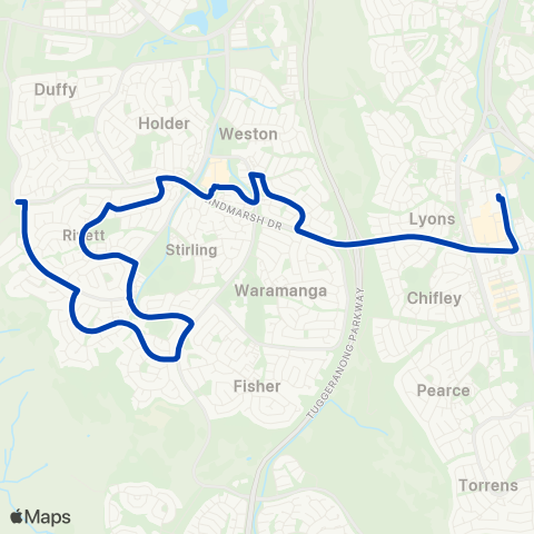 ACTION Chapman to Woden via Rivett & Cooleman Court map