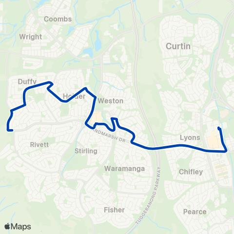 ACTION Duffy to Woden via Holder & Cooleman Court map