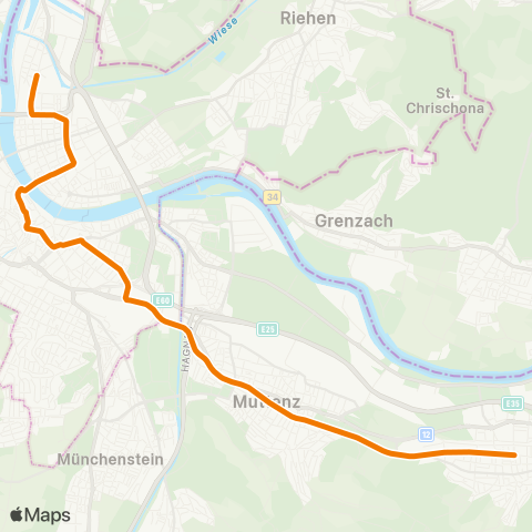 BVB - Basler Verkehrs-Betriebe Pratteln, Schlossstrasse - Basel, Dreirosenbrücke map