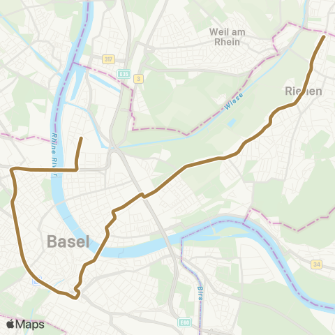 BVB - Basler Verkehrs-Betriebe Basel, Badischer Bahnhof - Binningen, Kronenplatz map