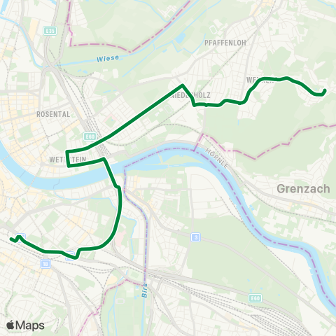 BVB - Basler Verkehrs-Betriebe Basel, Wettsteinallee - Basel, Bahnhof SBB map