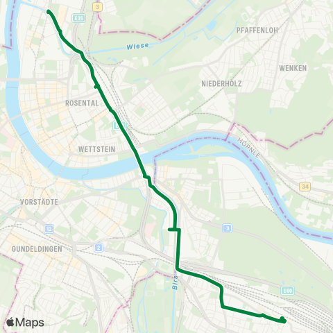 BVB - Basler Verkehrs-Betriebe Basel, Kleinhüningen - Basel, Badischer Bahnhof map