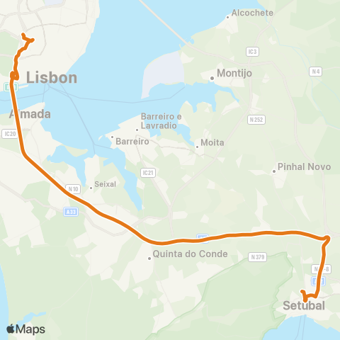 Carris Metropolitana Lisboa (Sete Rios) - Setúbal (Terminal Várzea) map