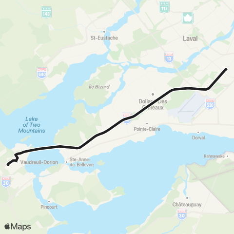 exo La Presqu'Île Express Vaudreuil - Terminus Côte-Vertu map