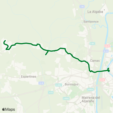 Junta de Andalucia M-175 Albaida - Olivares - Salteras - Valencina - Camas - Sevilla (por Est Cerc Salteras) map