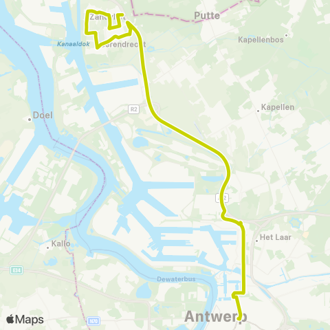 De Lijn Sneldienst Antwerpen - Zandvliet via A12 map