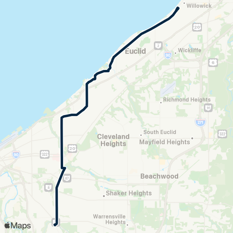 GCRTA East 105–Lakeshore map