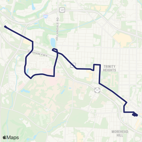 GoDurham W. Main St – Duke / VA – Hillsborough Rd map