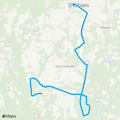 GoDurham E. Main St – NCCU – Southpoint map