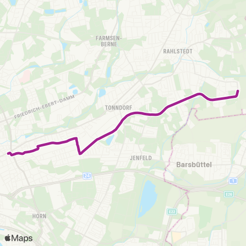 HVV MetroBus Wandsbek Markt > Rahlstedt (Sorenkoppel) map