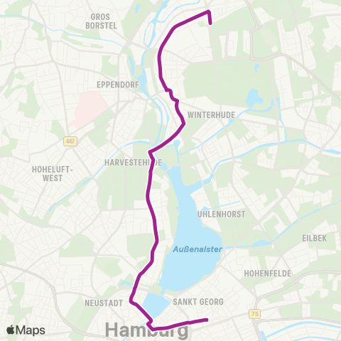 HVV MetroBus Alsterdorf > Winterhude > Harvestehude > Hauptbahnhof / Zob map