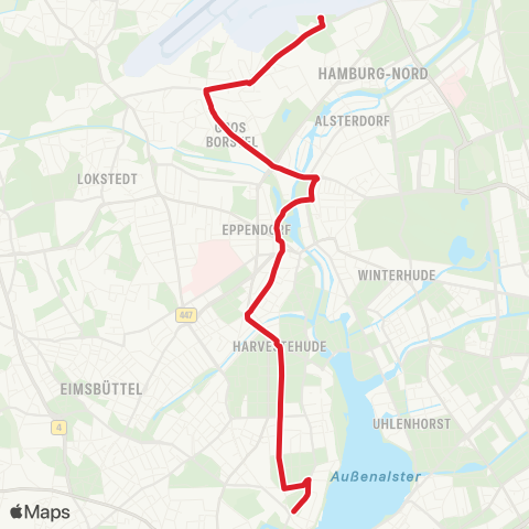 StadtBus/RegionalBus (Hamburg) Lufthansa-Basis > Lattenkamp > Eppendorf > Klosterstern > Bf. Dammtor map