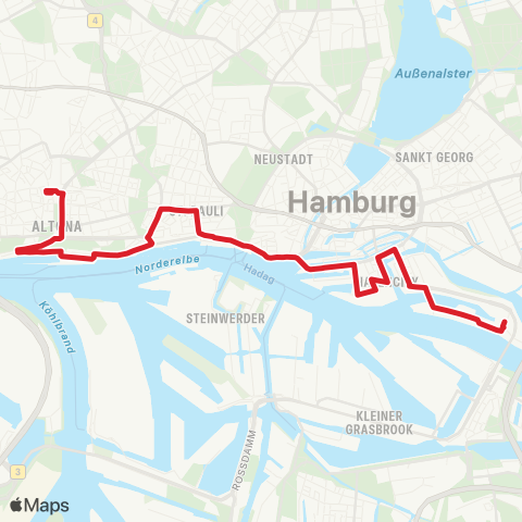 StadtBus/RegionalBus (Hamburg) Bf. Altona > Landungsbrücken > Hafencity map