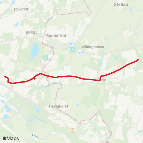 StadtBus/RegionalBus (Hamburg) Billstedt > Steinfurther Allee > Glinde > Neuschönningstedt map