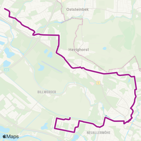 HVV MetroBus Billstedt > Mümmelmannsberg > Lohbrügge (Nord) > Bf. Bergedorf > Allermöhe map