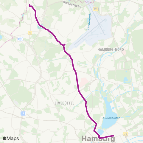 HVV MetroBus Burgwedel > Niendorf Markt > Hoheluft > Hauptbahnhof map