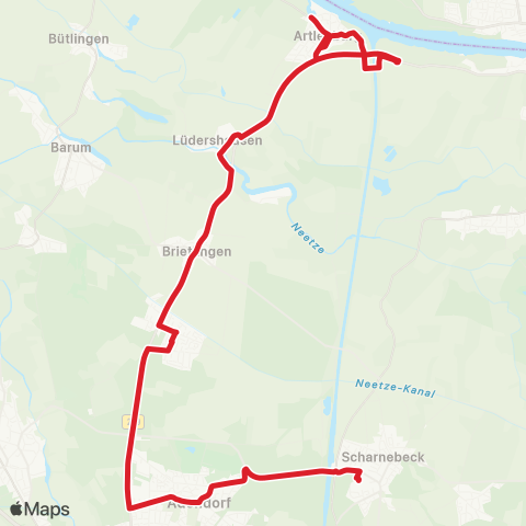 StadtBus/RegionalBus (Umland) Scharnebeck > Adendorf > Brietlingen > Artlenburg map