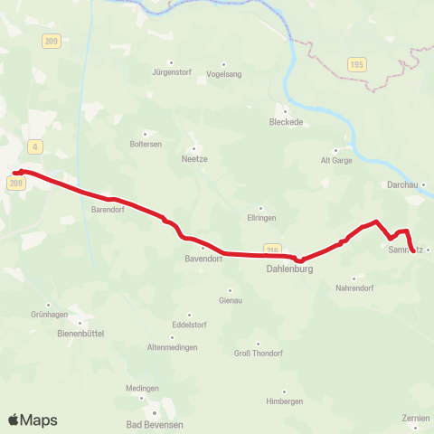 StadtBus/RegionalBus (Umland) Lüneburg > Barendorf > Dahlenburg > Neu Darchau > Moislingen map