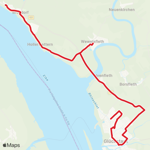 StadtBus/RegionalBus (Umland) Glückstadt > Wewelsfleth > Brokdorf map