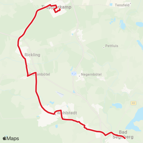 StadtBus/RegionalBus (Umland) Bad Segeberg > Fahrenkrug > Rickling > Trappenkamp map