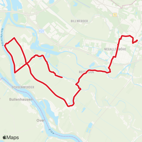 StadtBus/RegionalBus (Hamburg) Moorfleet > Ochsenwerder > Fünfhausen > Reitbrook > Bf. Bergedorf map