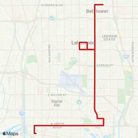 Long Beach Transit 7th St. to Bellflower map