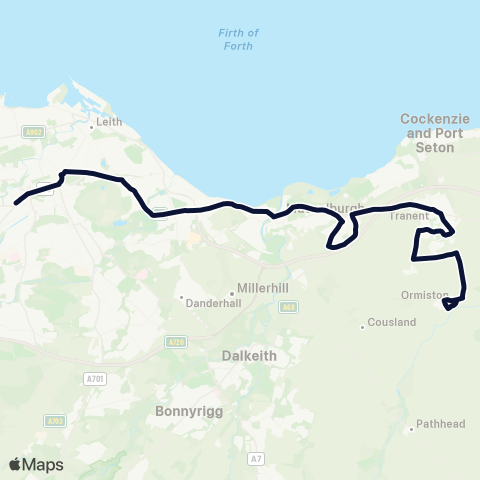 EastCoastbuses Nightbus: Edinburgh - Ormiston map