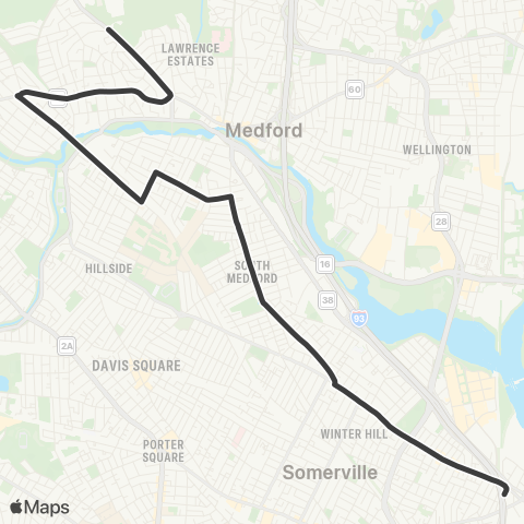 MBTA Malden Ctr Sta - Sullivan Square Sta via Winter Hill map