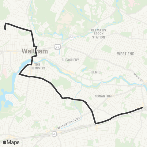 MBTA Waltham Highlands - Newton Corner map