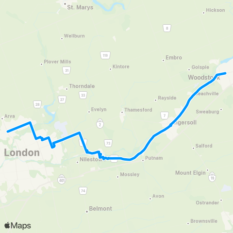 Middlesex County Connect Woodstock - Ingersoll - Putnam - Dorchester - London map