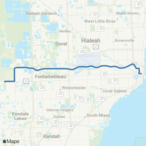 Miami-Dade Transit Tamiami Park-and-Ride to Downtown map