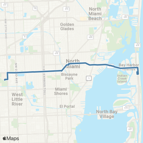 Miami-Dade Transit MDC North to Miami Beach via 125 St map