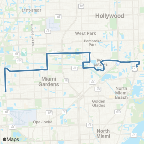 Miami-Dade Transit Country Club-Aventura Mall via 199 map