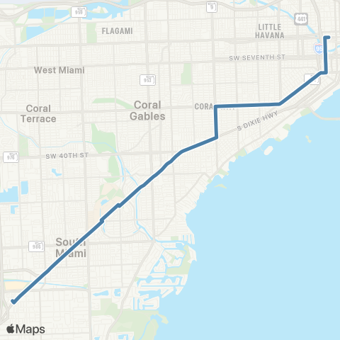 Miami-Dade Transit Dadeland South-Downtown via US 1 map