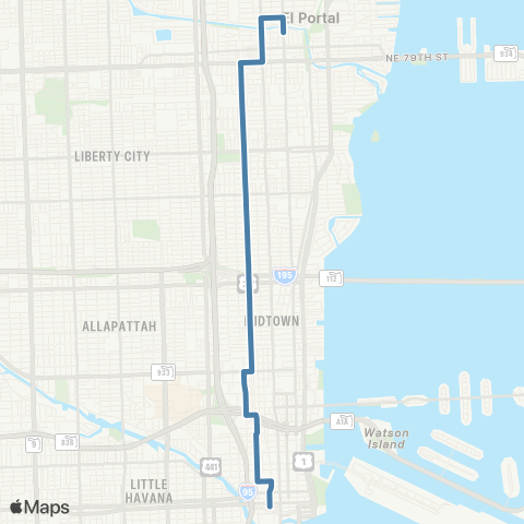 Miami-Dade Transit Downtown - NE 84 St via NW 2 Ave map